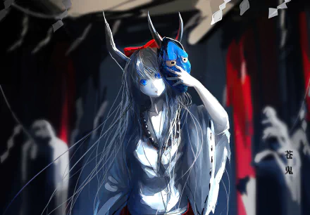 Suika Ibuki (Touhou) anime art: horned girl with long dark hair and glowing blue eyes lifts a blue oni mask against a shadowy shrine scene — 2K Quad HD PC desktop wallpaper/background