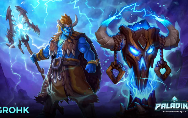 HD PC wallpaper: Grohk (Paladins) — blue lightning shaman with staff and a glowing horned totem, Paladins video game art.