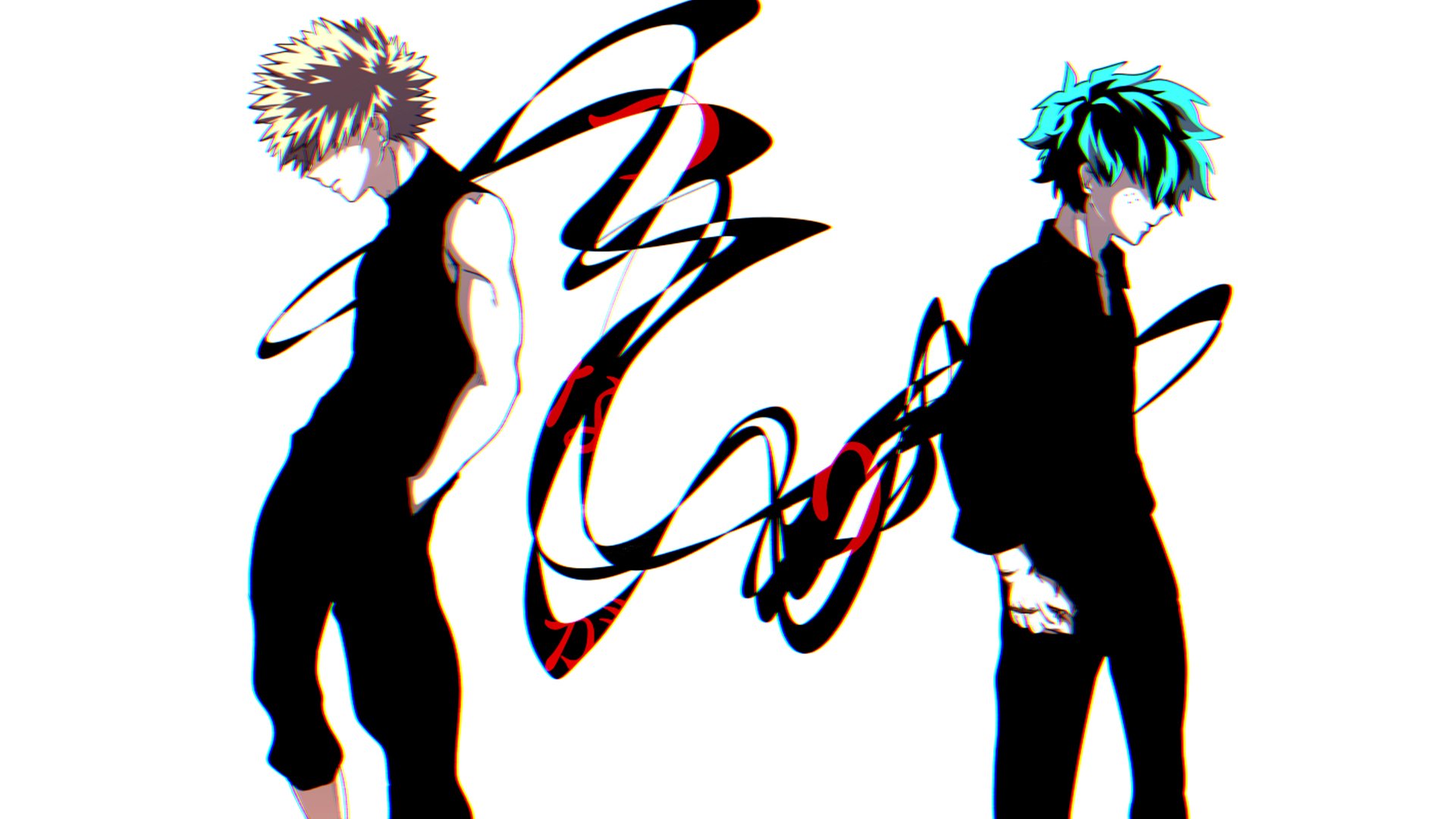 HD desktop wallpaper featuring Katsuki Bakugou and Izuku Midoriya from the anime My Hero Academia, with abstract swirling designs around them.