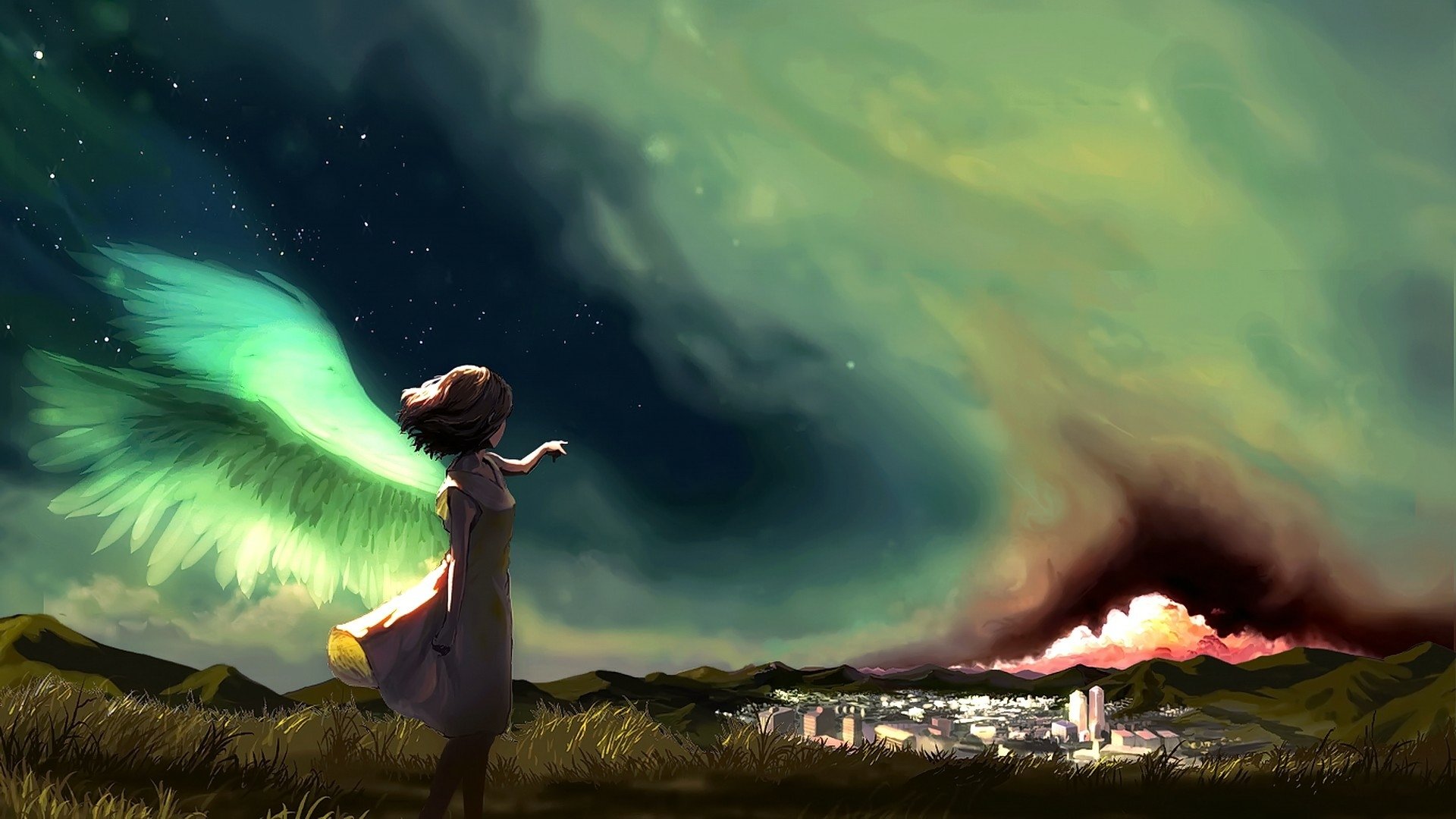 Skyward: Short-Haired Angel with Emerald Wings — HD Fantasy Wallpaper ...