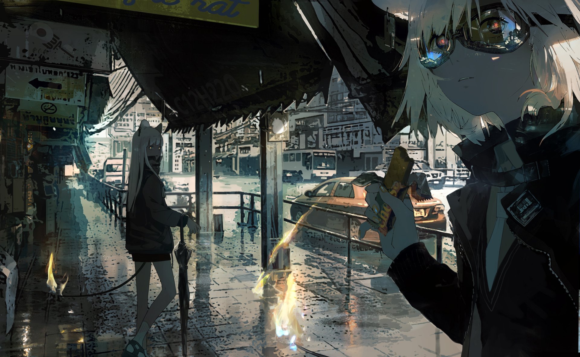 HD anime wallpaper featuring two characters: one with white hair, goggles, and a tie, the other with long hair holding an umbrella. The scene portrays a rainy urban setting with reflective wet streets.