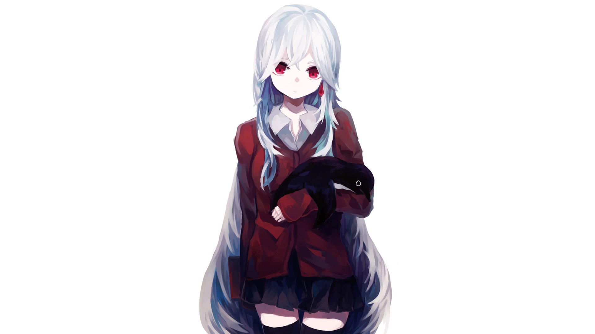 Anime-style original character with long white hair and red eyes, wearing a red blazer and holding a black stuffed animal, designed as a 4K Ultra HD PC desktop wallpaper.