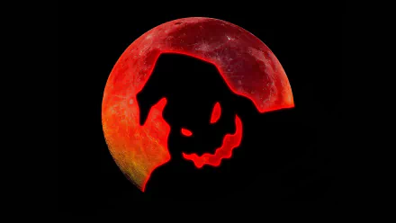 HD PC desktop wallpaper: a blood-red moon framing a grinning skull silhouette from the movie The Nightmare Before Christmas.