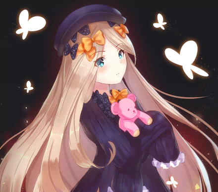 HD anime wallpaper featuring blonde Abigail Williams from Fate/Grand Order with a pink teddy bear and glowing butterflies, set against a dark background.
