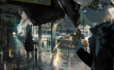 HD anime wallpaper featuring two characters: one with white hair, goggles, and a tie, the other with long hair holding an umbrella. The scene portrays a rainy urban setting with reflective wet streets.