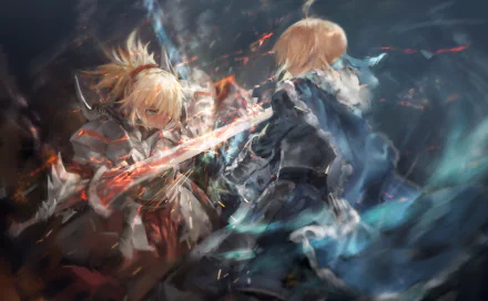 A high-definition desktop wallpaper featuring an intense battle between Saber of Red (Mordred) and Artoria Pendragon from Fate/Apocrypha in dynamic, vibrant anime art.