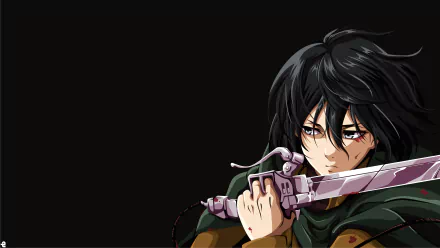 HD desktop wallpaper featuring Mikasa Ackerman from the anime Attack on Titan, holding a bloodstained blade, with a bold, determined expression against a black background.