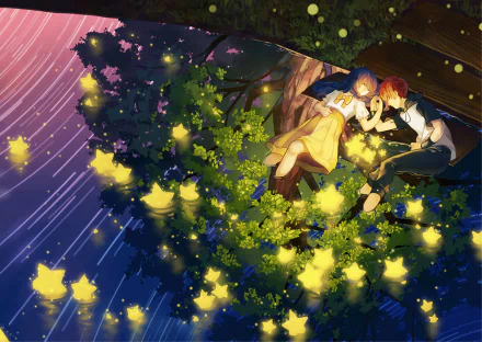 An anime HD wallpaper shows two characters with orange and brown hair in a small boat among glowing star-shaped lights, resting near a tree with one character wearing a bow.