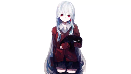 Anime-style original character with long white hair and red eyes, wearing a red blazer and holding a black stuffed animal, designed as a 4K Ultra HD PC desktop wallpaper.
