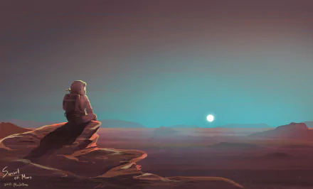 HD desktop wallpaper featuring a serene sunset on Mars, with an astronaut sitting on a rock, gazing at the horizon, blending Sci-Fi elements with a breathtaking extraterrestrial landscape.
