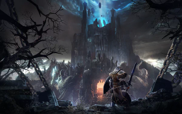 HD PC desktop wallpaper from the video game Lords of the Fallen, featuring a warrior facing a dark, ominous fortress under a stormy, mystical sky.