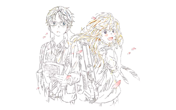 HD desktop wallpaper featuring Kaori Miyazono and Kousei Arima from the anime Your Lie in April. The image showcases the two characters standing back-to-back with light, whimsical illustration details.