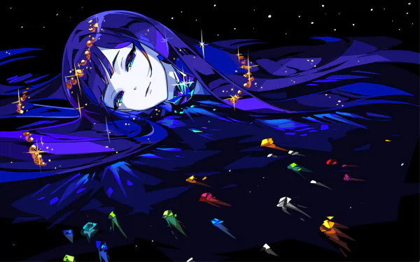 HD anime PC wallpaper of Lapis Lazuli (Land of the Lustrous): a serene blue‑haired gem girl floating in starry space, her hair flowing like ocean waves amid scattered colorful gem shards.