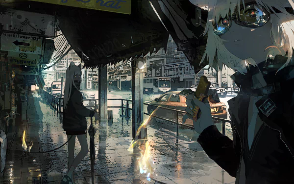 HD anime wallpaper featuring two characters: one with white hair, goggles, and a tie, the other with long hair holding an umbrella. The scene portrays a rainy urban setting with reflective wet streets.