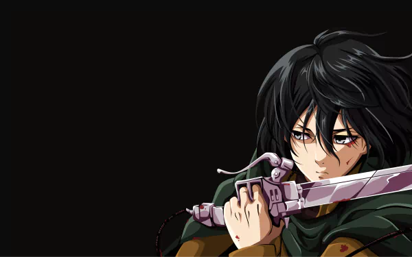 HD desktop wallpaper featuring Mikasa Ackerman from the anime Attack on Titan, holding a bloodstained blade, with a bold, determined expression against a black background.