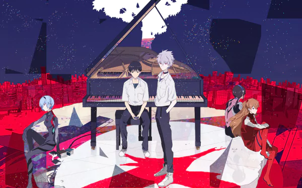 HD desktop wallpaper featuring Rei Ayanami, Mari Makinami Illustrious, Asuka Langley Sohryu, Kaworu Nagisa, and Shinji Ikari from Neon Genesis Evangelion: 3.0 You Can (Not) Redo, with a grand piano in the background.