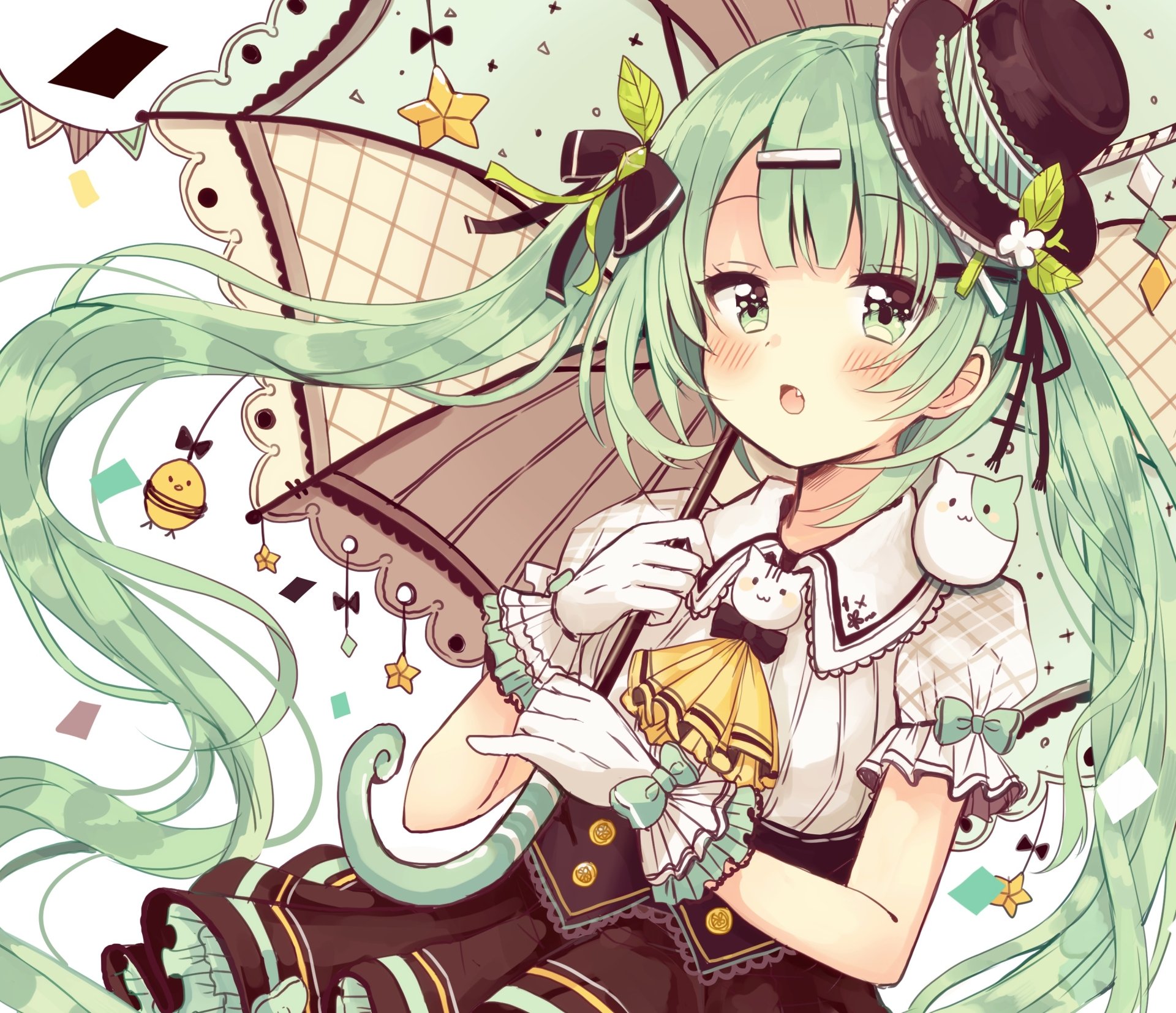 Anime-style original character with long green twintails, green eyes, wearing a hat, gloves, and bow, holding an umbrella, set as an HD PC desktop wallpaper.