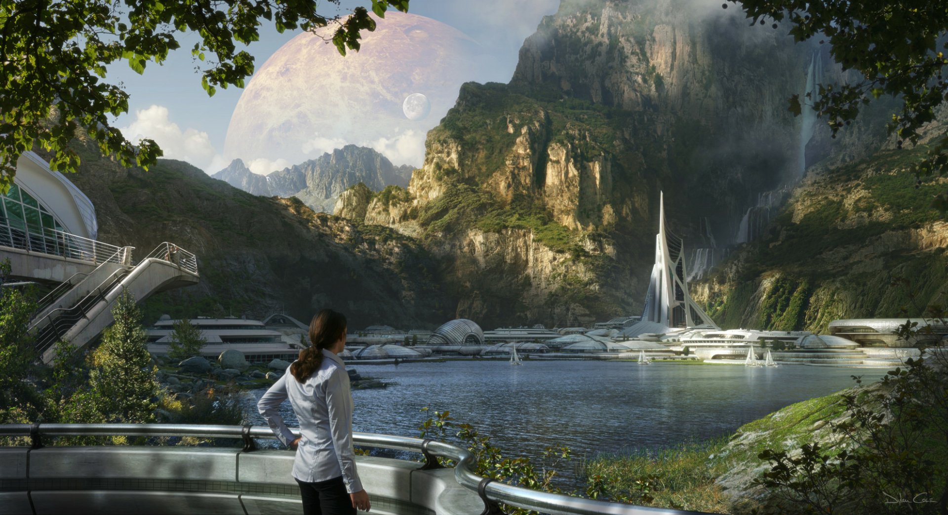 A person observes a futuristic sci-fi city nestled in lush mountains beside a serene lake, under a large planet in the sky; HD PC desktop wallpaper and background.
