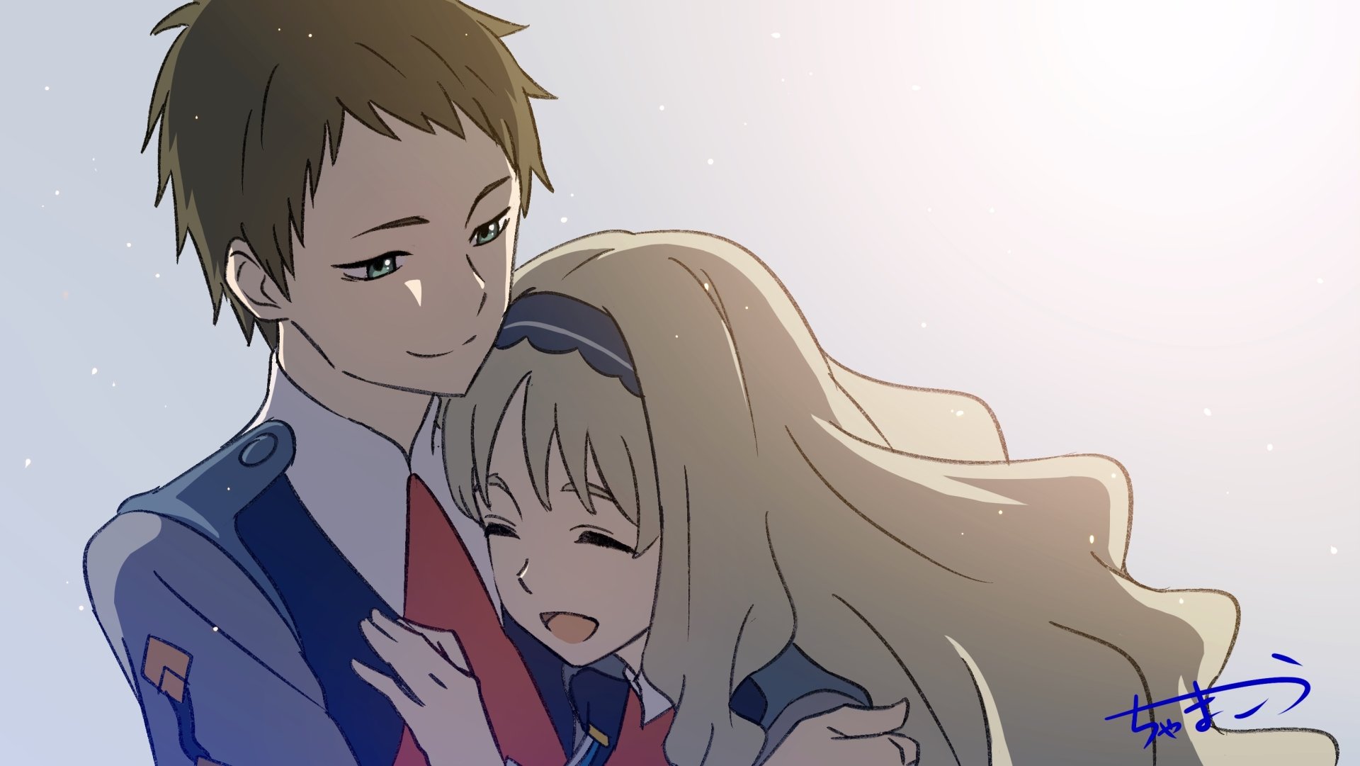 HD PC desktop wallpaper featuring anime characters from Darling in the FranXX sharing a warm embrace against a soft, light background.