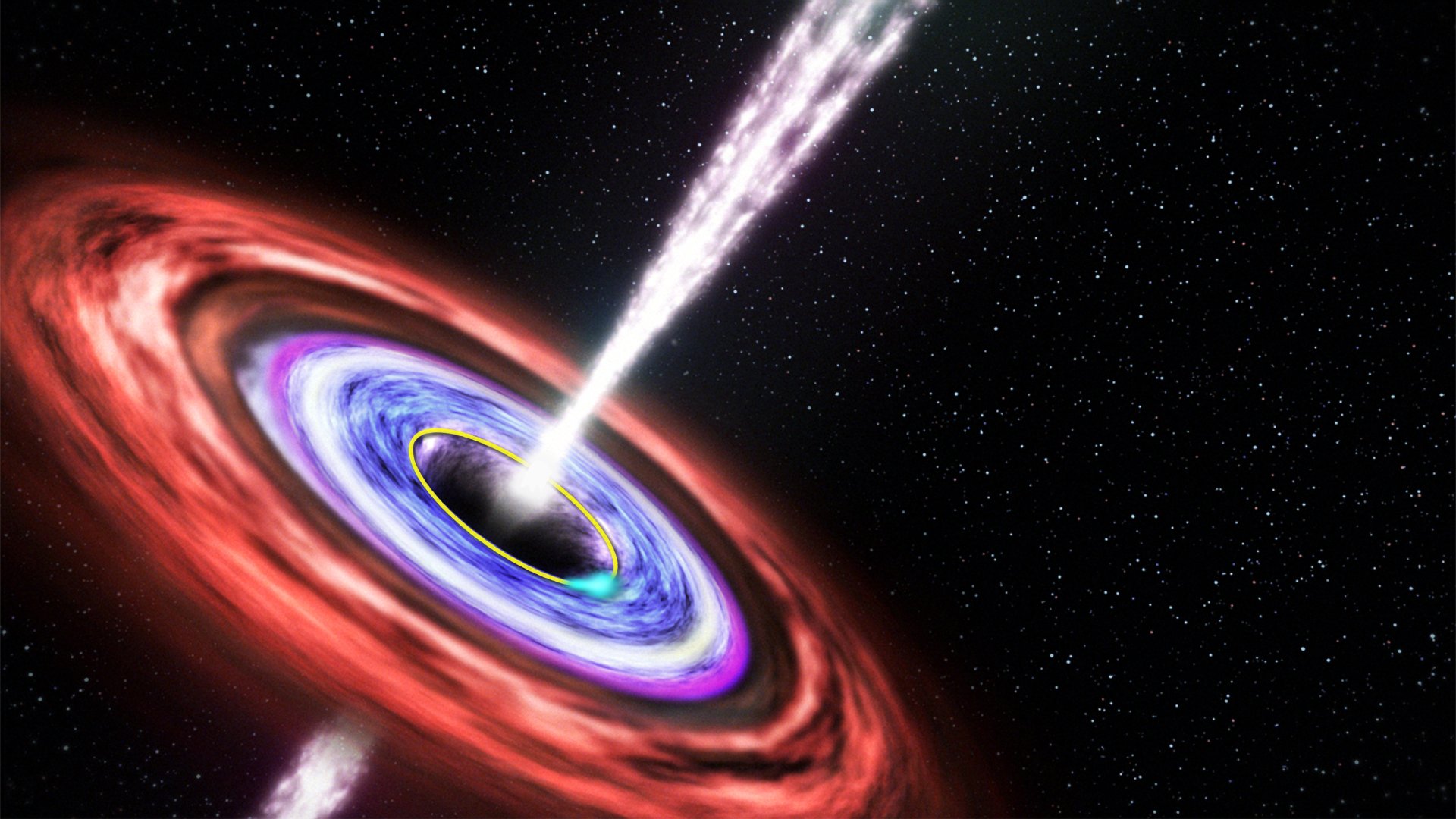 Sci-fi 4K Ultra HD PC desktop wallpaper/background showing a black hole with a glowing multicolored accretion disk and twin relativistic jets against a starfield.