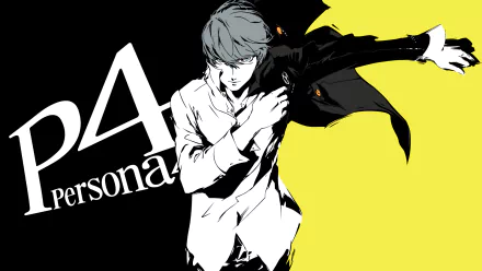 HD desktop wallpaper featuring Yu Narukami from the video game Persona 4, showcasing a dynamic, monochromatic design with contrasting yellow and black background elements.