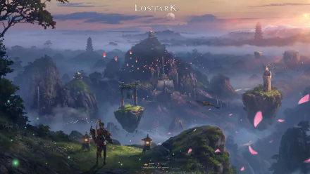 HD desktop wallpaper of the video game Lost Ark featuring a character overlooking a mystical, mountainous landscape with floating islands and cherry blossoms at dusk.