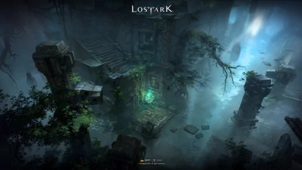 A breathtaking 4K Ultra HD wallpaper from the video game Lost Ark, showcasing a mysterious, overgrown environment with ancient ruins and glowing green light.