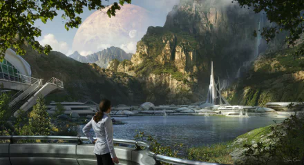 A person observes a futuristic sci-fi city nestled in lush mountains beside a serene lake, under a large planet in the sky; HD PC desktop wallpaper and background.