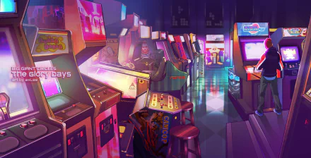 HD desktop wallpaper featuring a retro wave style scene in an arcade with various video game machines glowing in vibrant colors. A person is playing an arcade game in the neon-lit setting.