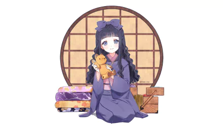 HD anime desktop wallpaper featuring Tomoyo Daidouji from Cardcaptor Sakura, holding her teddy bear in front of a traditional Japanese window.