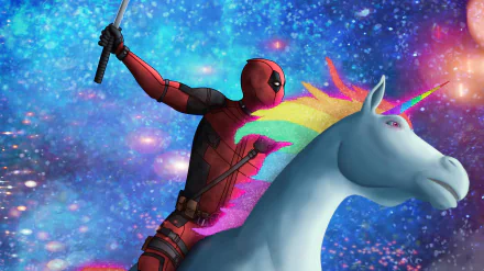 A vibrant HD desktop wallpaper featuring Deadpool riding a unicorn against a cosmic background, tagged with unicorn, movie, Deadpool 2.