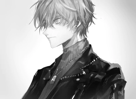 Monochrome anime original: short-haired young man in profile with earrings and a dog tag necklace, wearing a turtleneck and jacket — HD PC desktop wallpaper/background.