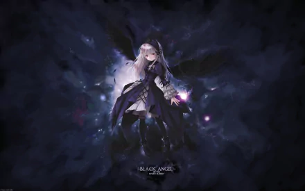 Suigintou (Rozen Maiden) in a dark cosmic void, gothic black dress and feathered wings, hands glowing with purple light — 2K Quad HD PC desktop wallpaper/background.