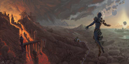 HD PC desktop wallpaper from The Elder Scrolls III: Morrowind, featuring a character overlooking a volcanic landscape with ancient structures under dramatic skies.