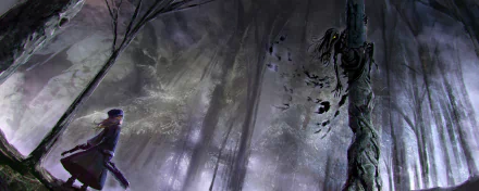 Anime original HD PC desktop wallpaper: lone cloaked figure walks a misty, towering forest as black birds swirl around a twisted tree with a shadowy, perched monster.