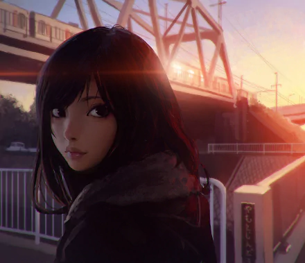 Anime-style artwork of a long-haired character with black eyes and hair, set against a sunset background with a train and bridge. HD desktop wallpaper.