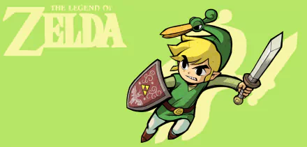 HD PC wallpaper of Link wearing Ezlo from The Legend of Zelda: The Minish Cap, sword raised and shield forward on a lime-green background with the game logo.