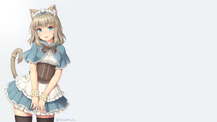 HD anime desktop wallpaper of a blonde cat girl maid with blue eyes, short hair, blush, wearing a headband, apron, and a bow, standing with her tail visible.