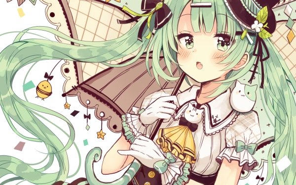 Anime Original Long Hair Green Hair Twintails Umbrella bow Green Eyes Glove Hat HD Wallpaper | Background Image