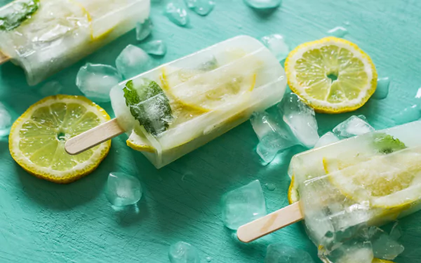 Close-up still life of lemon ice cream popsicles with ice cubes and lemon slices on a turquoise surface, captured in 4K Ultra HD for a vibrant PC desktop wallpaper.
