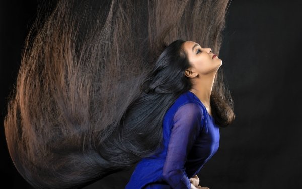 Women Model Long Hair Black Hair Blue Dress HD Wallpaper | Background Image