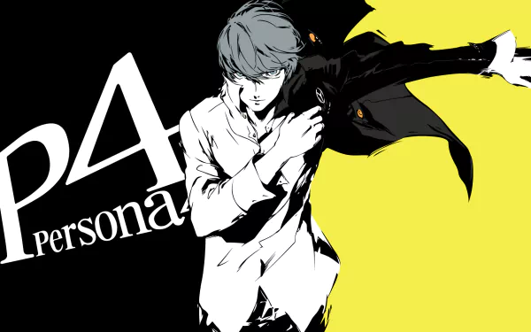 HD desktop wallpaper featuring Yu Narukami from the video game Persona 4, showcasing a dynamic, monochromatic design with contrasting yellow and black background elements.