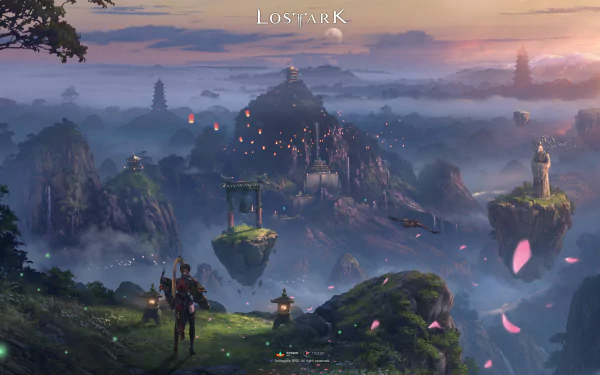 HD desktop wallpaper of the video game Lost Ark featuring a character overlooking a mystical, mountainous landscape with floating islands and cherry blossoms at dusk.