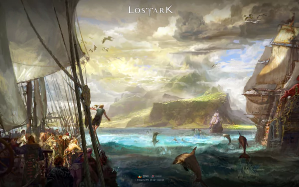 4K Ultra HD Lost Ark video game wallpaper featuring a dramatic seascape with ships, sailors, and distant mountains under a cloudy sky.