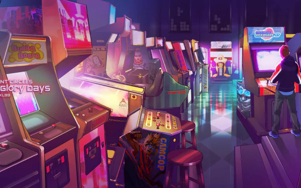 HD desktop wallpaper featuring a retro wave style scene in an arcade with various video game machines glowing in vibrant colors. A person is playing an arcade game in the neon-lit setting.