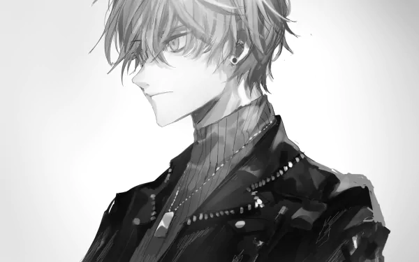 Monochrome anime original: short-haired young man in profile with earrings and a dog tag necklace, wearing a turtleneck and jacket — HD PC desktop wallpaper/background.