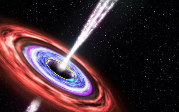 Sci-fi 4K Ultra HD PC desktop wallpaper/background showing a black hole with a glowing multicolored accretion disk and twin relativistic jets against a starfield.