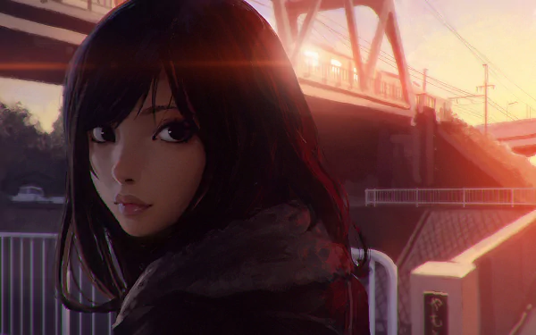 Anime-style artwork of a long-haired character with black eyes and hair, set against a sunset background with a train and bridge. HD desktop wallpaper.