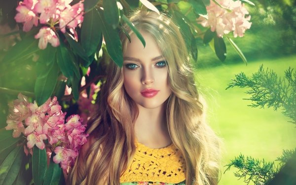 Women Model Blonde Long Hair Lipstick Pink Flower Blue Eyes HD Wallpaper | Background Image