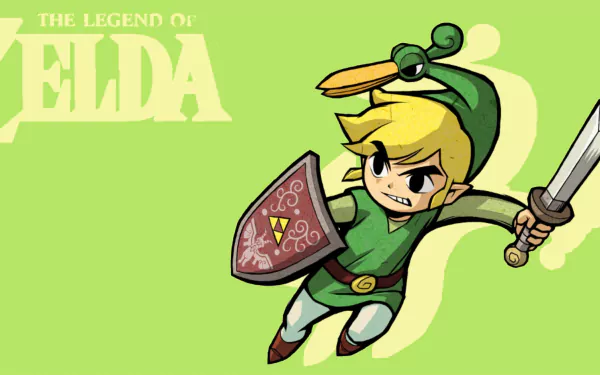 HD PC wallpaper of Link wearing Ezlo from The Legend of Zelda: The Minish Cap, sword raised and shield forward on a lime-green background with the game logo.